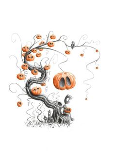 a drawing of a tree with pumpkins hanging from it's branches