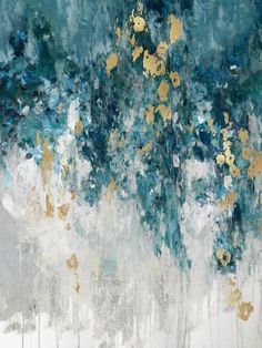 an abstract painting with blue and gold colors