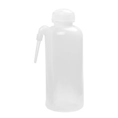 a clear plastic bottle with a white cap and nozzle on the top, isolated against a white background