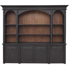 an old black bookcase with wooden shelves and doors on the front, isolated against a white background