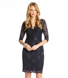 Be the talk of the evening in this elegant dress. Sheer lace in an intricate floral pattern covers the body-skimming silhouette for a look that is both sultry and feminine. Stretch Floral Lace: 60% Nylon, 32% Rayon, 8% Spandex Length: 35 1/2 inches (size M) Made in USA Hand wash V-Neck 3/4 sleeves Invisible side zipper Lined | Karen Kane Petite Size V-Neck Scallop Lace Dress in Navy, Size SP, Floral, Nylon/Rayon/Spandex Petite Wedding Guest Dresses, Scalloped Lace Dress, Grace And Lace, Alex Marie, Groom Dresses, Dressy Dresses, Karen Kane, Lace Sheath Dress, Cocktail Dress Lace