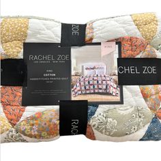 the back of a quilt with an image of rachel zone on it and other items