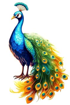 a colorful peacock with feathers spread out on its back, standing in front of a white background