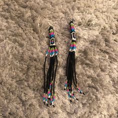 Black + Multicolor Beaded Dangle Earrings. Never Worn. Black Bead Dangle Earrings For Festivals, Black Beaded Dangle Earrings For Festivals, Black Beads Dangle Earrings For Festival, Black Tassel Drop Earrings With Colorful Beads, Black Beaded Tassel Earrings With Round Beads, Black Tassel Earrings With Colorful Beads For Gift, Black Beaded Fringe Earrings As Gift, Black Beaded Fringe Tassel Earrings For Festival, Festival Black Beaded Chandelier Earrings