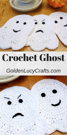 crochet ghost coasters with faces on them