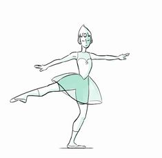 a drawing of a ballerina in green and white, with her arms stretched out to the side