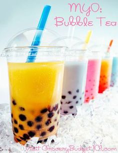 an advertisement for bubble tea with three drinks