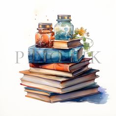 a stack of books with jars on top