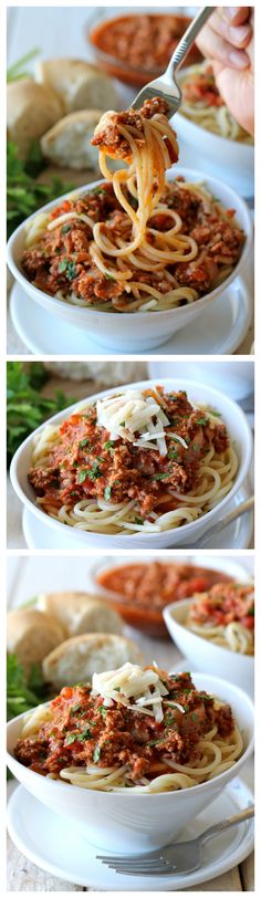 three pictures showing different ways to make spaghetti