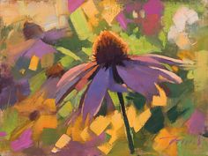 an oil painting of a purple flower with yellow and pink flowers in the background,