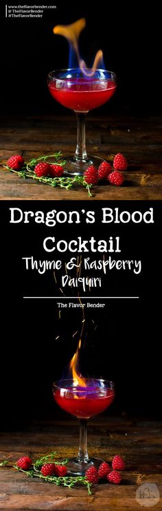 the cover of dragon's blood cocktail with raspberry garnish