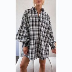 F00140846-103 Oversized Plaid Shirts, Houndstooth Shirt, Lisa Fischer, Oversized Button Down Shirt, Puff Sleeve Shirt, Statement Sleeves, Dress Shirt Sleeves, Bishop Sleeve, Long Sleeve Plaid