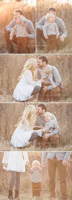 a man and woman are sitting in the grass with their baby, while they look at each other's eyes