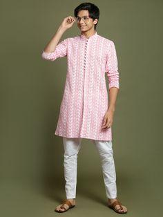 YUVA BY VASTRAMAY Boys' Pink Chaikankari Kurta With White Pyjama Set Get your little one a stylish and comfortable ethnic outfit. This set features a pink cotton kurta with intricate Lucknowi chikankari embroidery all over. The kurta has a mandarin collar, long sleeves, and button closure. It comes with a relaxed fit cotton pyjama in white for a complete look. Key Features Pink cotton kurta with chikankari embroidery Mandarin collar Long sleeves Button closure Relaxed fit cotton pyjama in white Long Sleeve Sherwani With Chikankari Embroidery For Spring, Spring Sherwani With Chikankari Embroidery And Long Sleeves, Pink Sherwani With Chikankari Embroidery And Long Sleeves, Navratri Traditional Wear With Chikankari Embroidery Long Sleeve, Pink Long Sleeve Sherwani With Chikankari Embroidery, Long Sleeve Kurta With Chikankari Embroidery For Diwali, Traditional Spring Kurta With Block Print, Pink Long Sleeve Kurta For Diwali, Casual Unstitched Long Sleeve Sets