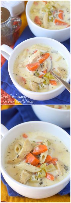 two pictures of chicken noodle soup with carrots, celery and noodles