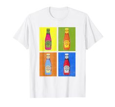 three bottles of ketchup on four different colors t - shirt for men and women