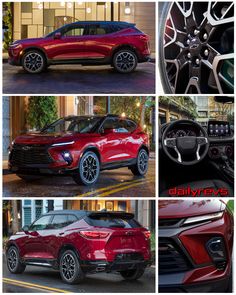 four different views of the front and side of a red sports utility vehicle with black rims