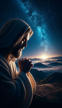 jesus looking up at the sky with his hands folded in prayer and stars above him