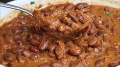 a spoonful of beans and meat in a bowl