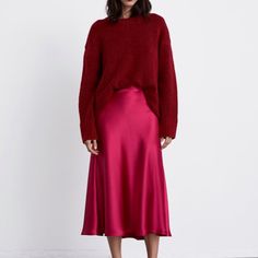 New Zara Skirt. Pink Fall Midi Skirt, Pink Midi Skirt For Fall, Relaxed Pink Skirt For Fall, Red Asymmetrical Fall Skirt, Red Asymmetrical Skirt For Fall, Zara Long Pleated Skirt, Zara Long Winter Skirt, Zara Long Skirt For Winter, Zara Fall Maxi Skirt