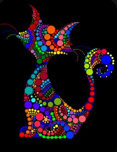 a colorful vase made up of circles on a black background with the shape of a cat's head