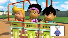 an animated image of three children on a playground ride with the caption back to school