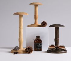 three different types of mushrooms and bottles on a white surface with pine cones in the background