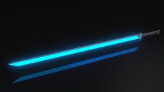 a blue light saber is glowing in the dark with its blade pointed at it's end