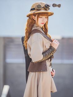 Oversized Harajuku Outerwear For Fall, Punk Style Outerwear With Rivets For Fall, Oversized Long Sleeve Outerwear For Cosplay, Harajuku Style Winter Cosplay Outerwear, Brown Military Style Outerwear For Spring, Cosplay Techwear Outerwear For Fall, Fall Cosplay Techwear Outerwear, Beige Techwear Outerwear For Fall, Fall Techwear Outerwear For Cosplay