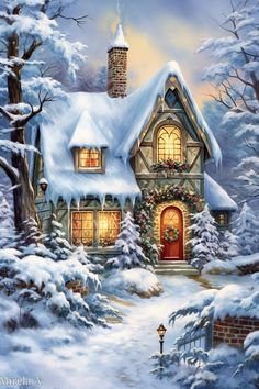 a painting of a snow covered house with lights on and wreaths around the windows