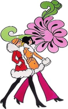 an image of two women walking together with flowers in their hair and one wearing a santa suit