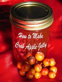 a jar filled with fruit sitting on top of a red table cloth next to apples