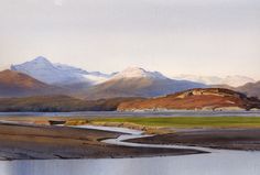 the mountains are covered in snow and green grass, with a river running between them