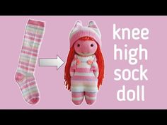 a pink sock doll next to a striped sock