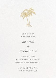 the palm tree is shown in gold foil on this white wedding card, which features an elegant