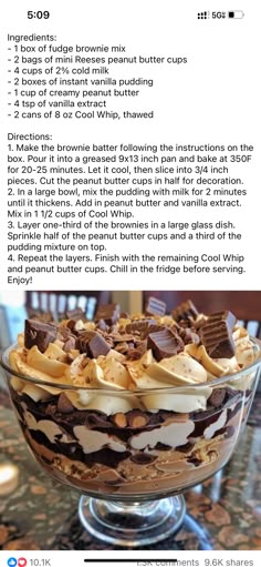 the recipe for an ice cream sundae with chocolate and marshmallows on top