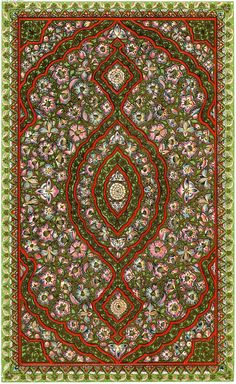 an intricately designed green and red carpet with floral designs on the edges, in various colors