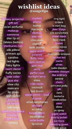 a girl with words written on her face and the words wishlist ideas above her