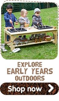 two children are playing with an outdoor table made out of wood and metal, while the caption reads explore early years outdoors shop now