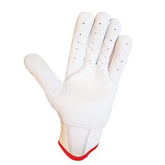 a white glove with red linings on the wrist and palm, sitting in front of a white background