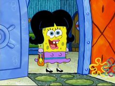 the spongebob character is standing in front of an open door and holding a purse