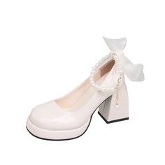 Olivia Mark - Thick-Soled Mary Jane Shoes with Chunky High Heels and Pearl Straps - Wedding Shoes Pearl Straps, Toe Ring Sandals, Wedding Shoes Flats, Flat Slipper, Chunky High Heels, Pu Heels, Jane Shoes, Mary Jane Shoes, Toe Rings