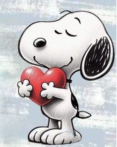 a drawing of a snoopy holding a heart with his paw on the chest and eyes closed