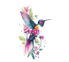 a hummingbird sitting on top of a branch with pink flowers and leaves around it