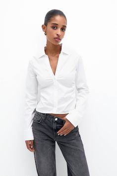 Fitted gathered shirt - pull&bear Poplin Long Sleeve Shirt For Daywear, White Puffy Long Sleeve Shirt, Finance Bro, White Long Sleeve Shirt With Button Closure, White Poplin Button-up Shirt, White Long Sleeve Poplin Shirt, Tracksuit Pants, Pull & Bear, Fashion Now