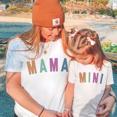 Mama and Mini matching shirts or onesies. Mama and mini printed in colorful font on the front. Also available on sweatshirts for adults. Mama And Mini Shirt, Mother Daughter Shirts, Skate T Shirts, Mommy And Me Shirt, Matching Mom, Daughters Shirt, Mom To Be, Human Design, Mother And Daughter