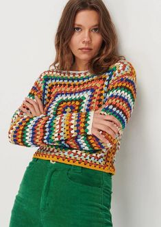 Cozy Multicolor Crew Neck Outerwear, Cozy Multicolor Knitted Top, Cozy Multicolor Long Sleeve Tops, Multicolor Knitted Tops For Winter, Winter Multicolor Knitted Tops, Retro Multicolor Crochet Tops, Multicolor Knitted Crew Neck Sweater, Multicolor Casual Knitted Tops, Casual Multicolor Knitted Top