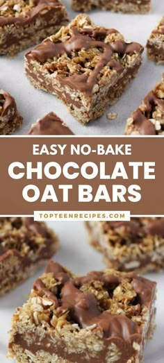 no bake chocolate oat bars are stacked on top of each other, with the words easy no - bake chocolate oat bars