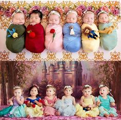 four babies in princess dresses are posed together