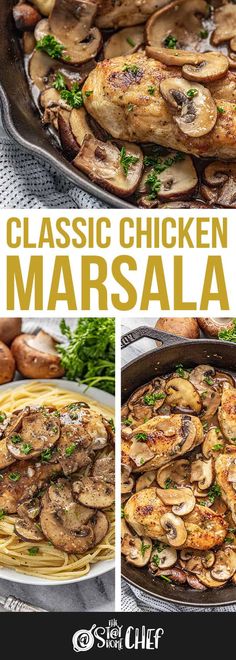 chicken marsala with mushrooms and parsley in a skillet